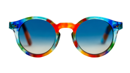 Colorful round sunglasses with blue lenses isolated on transparent background