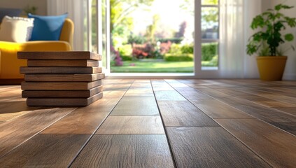 Bright room with view into garden, wood floor stack front