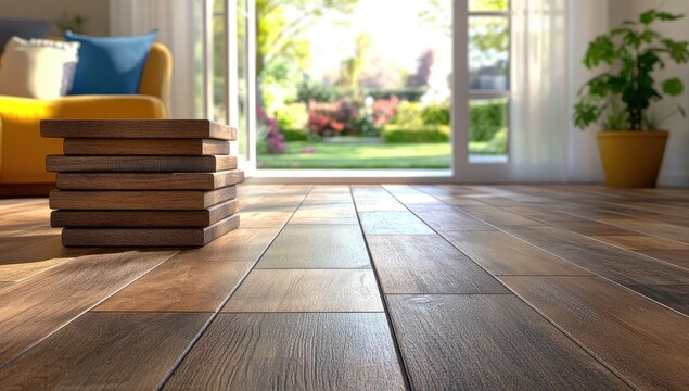 Bright room with view into garden, wood floor stack front