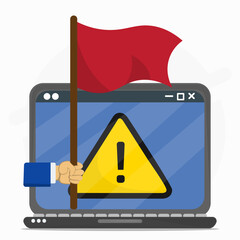 Hand holding red flag with error warning sign on the laptop screen. Concept of a operating system malfunction, online risk and scam alert.
