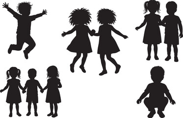 Silhouette of playful children holding hands, jumping, dancing, and interacting together in fun poses on white background, childhood activity concept art.