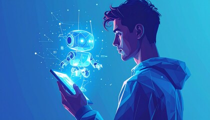 Man interacting with a holographic robot on a smartphone.