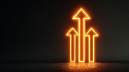 Three glowing neon upward arrows in orange light on dark background, symbolizing business growth, success, progress, strategy, and future potential