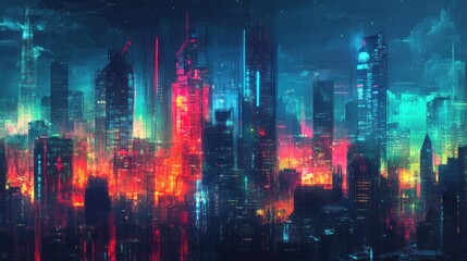 Obraz premium Neon-lit futuristic cityscape at night, with vibrant colors and glowing structures