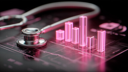 Stethoscope with holographic analytics chart expressing data driven healthcare diagnostics performance tracking and strategic decision support for better patient outcomes.
