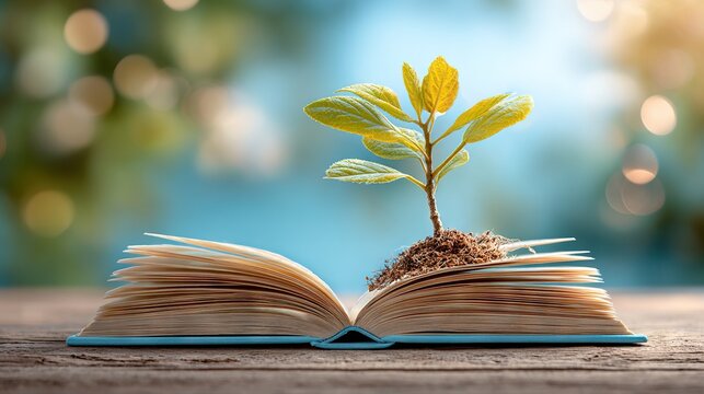 Open book nurturing a small plant sprouting from its pages, symbolizing growth, learning, sustainability, eco education, and the power of knowledge