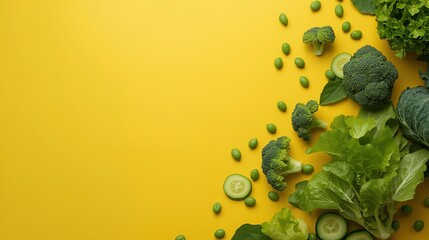 Vibrant broccoli, lettuce, cucumbers, and beans on a sunny yellow background for healthy eating designs or fresh produce advertising