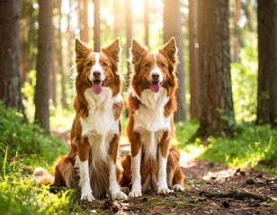 Two Border Collies sit side-by-side in a sunlit forest