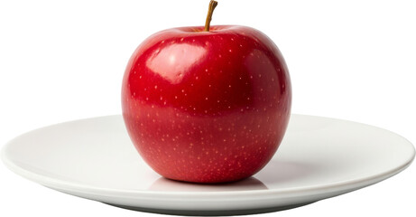 Shiny Red Apple with a Golden Stem Elegantly Resting on a White Plate