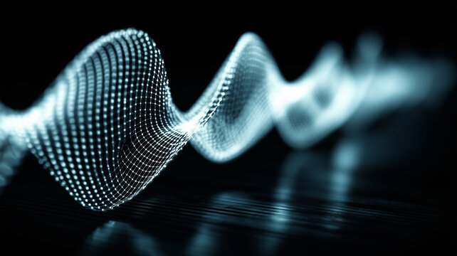 Abstract data wave formed by a luminous mesh to symbolize analytics signal processing machine intelligence and the seamless flow of information.
