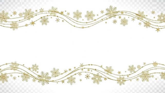 Gold snowflake and garland pattern on a white background with a transparent checkerboard pattern at the bottom
