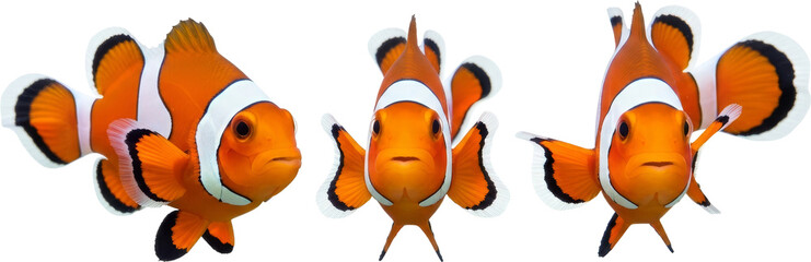 Three Vibrant Clownfish Isolated on a Clean White Background