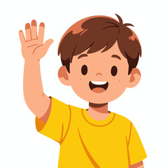 Obraz premium Happy Boy Raising Hand in Classroom, Yellow Shirt, Excited Expression, School Setting