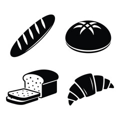 Set of four baked goods icons featuring bread croissant baguette and loaf for food businesses silhouette