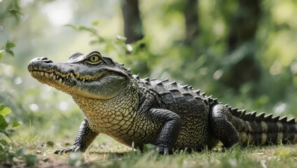 Obraz premium Alert Alligator Stalking Prey in Lush Green Habitat, Wildlife Photography.