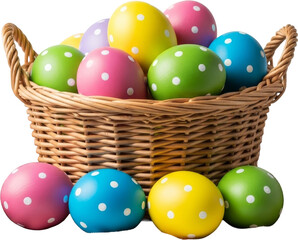 Colorful Polka Dot Easter Eggs in a Wicker Basket on Plaid Cloth