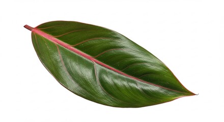 A single dark green leaf with a prominent pink vein running through its center, isolated on a white background.