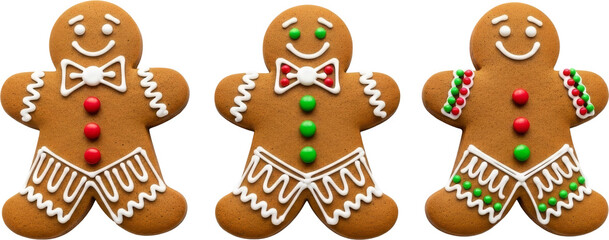 Three Festive Gingerbread Men Cookies with Colorful Decorations on White Background