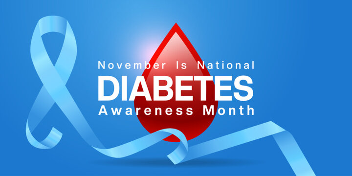November Is National Diabetes Awareness Month. Ribbon, blood and light. Suitable for posters, banners and social media. Blue background. - Powered by Adobe