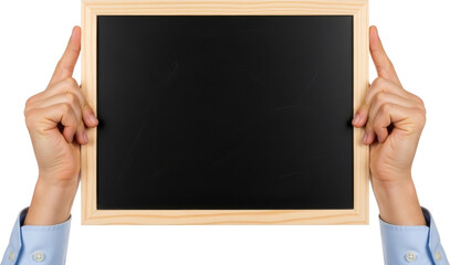 Hands Holding a Blank Blackboard with Wooden Frame Against White Background