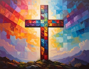 Colorful Christian Cross on a Hilltop.