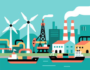 Fototapeta premium Industrial Harbor with Windmills and Cargo Ships