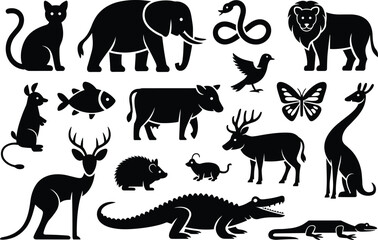 Naklejka premium Animal silhouettes, black animal icons, wildlife vector set, nature creatures, animal shapes, educational design, zoo animals, graphic art