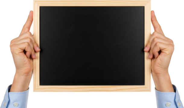 Hands Holding a Blank Blackboard with Wooden Frame Against White Background