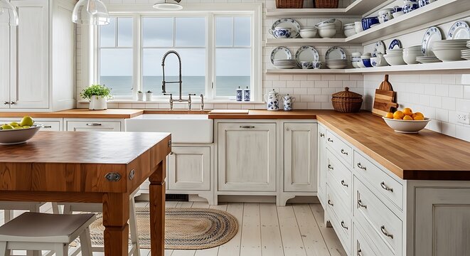 Bright Coastal Kitchen with Farmhouse Sink and Wooden Table.