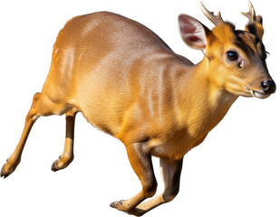 Alert Muntjac Deer with Small Antlers in Dynamic Running Pose