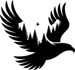 Vector silhouette of a soaring eagle with a forest landscape inside its wings