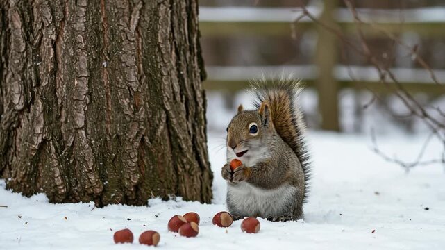 A squirrel eating a nut in the snow next to a tree