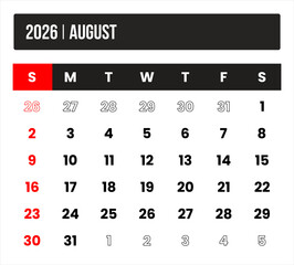 2026 (1 months august) universal calendar vector design, international format suitable for global use, modern minimal template for print and digital applications