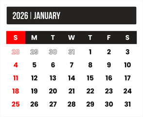 2026 (1 month january) universal calendar vector design, international format suitable for global use, modern minimal template for print and digital applications