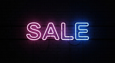 Obraz premium A vibrant neon sign with pink and blue hues spells sale against a dark wooden background, perfect for advertising