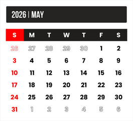 2026 (1 month may) universal calendar vector design, international format suitable for global use, modern minimal template for print and digital applications