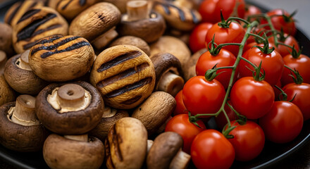 Grilled Mushrooms and Cherry Tomatoes Delight A Wholesome and Vibrant Culinary Composition Showcasing Fresh Ingredients and Flavorful Harmony for Healthy Dishes and Recipes