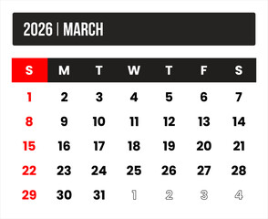 2026 (1 month march) universal calendar vector design, international format suitable for global use, modern minimal template for print and digital applications