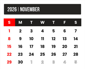 2026 (1 month november) universal calendar vector design, international format suitable for global use, modern minimal template for print and digital applications