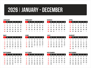 2026 (1 year january - december) universal calendar vector design, international format suitable for global use, modern minimal template for print and digital applications
