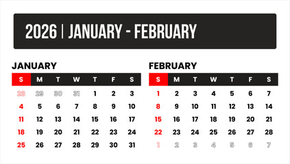 2026 (2 months january - february) universal calendar vector design, international format suitable for global use, modern minimal template for print and digital applications