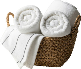 Freshly Laundered White Towels Rolled and Folded in a Rustic Wicker Basket