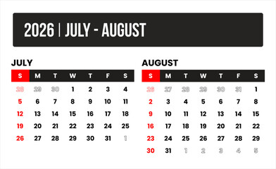 2026 (2 months july - august) universal calendar vector design, international format suitable for global use, modern minimal template for print and digital applications