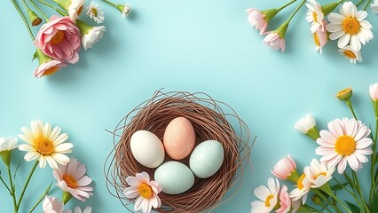 Decorated Easter eggs in nest with spring flowers, seasonal celebration.