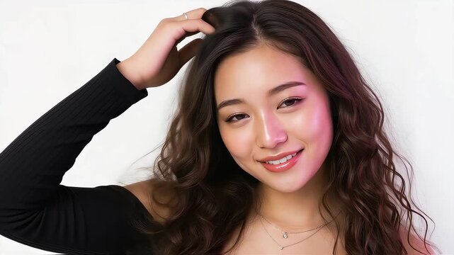 ロングヘアーの髪を触る、ナイトワークの女性