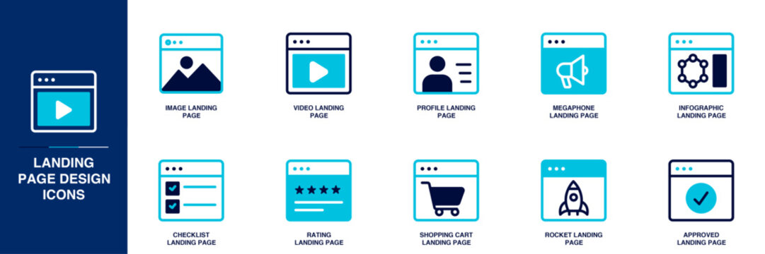 Landing Page Design Blue Colored Outline Icon Set