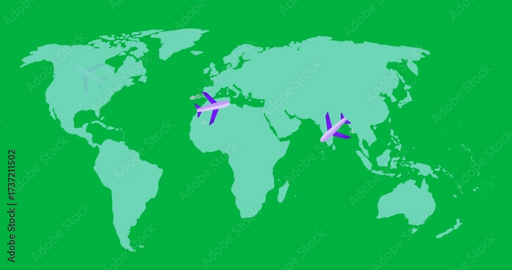 Wall mural animation of world map with plane icons on transparent background