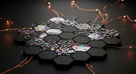 Futuristic digital network concept with hexagonal design, data flow, and glowing light trails, modern technology
