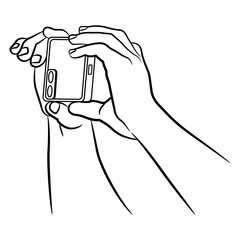 Two human hands holding cellphone. Taking picture or video. Cartoon style. Black and white linear silhouette.