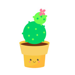 Cute Cartoon Cactus Plant in Pot with Smiling Face